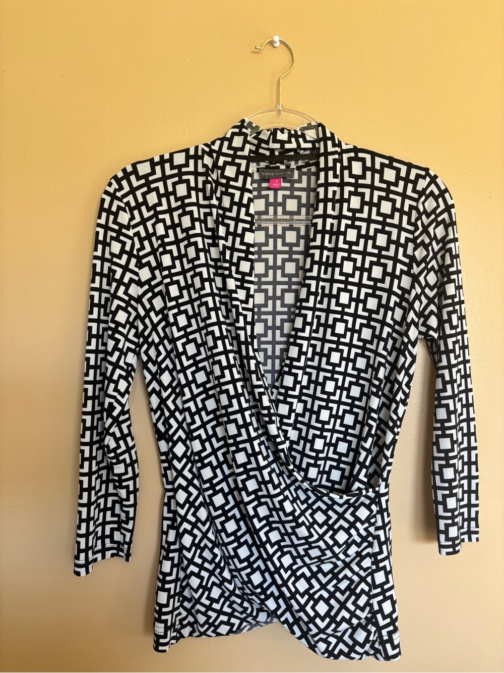 Vince Camuto Black and White Geometric Deep V Cut Blouse